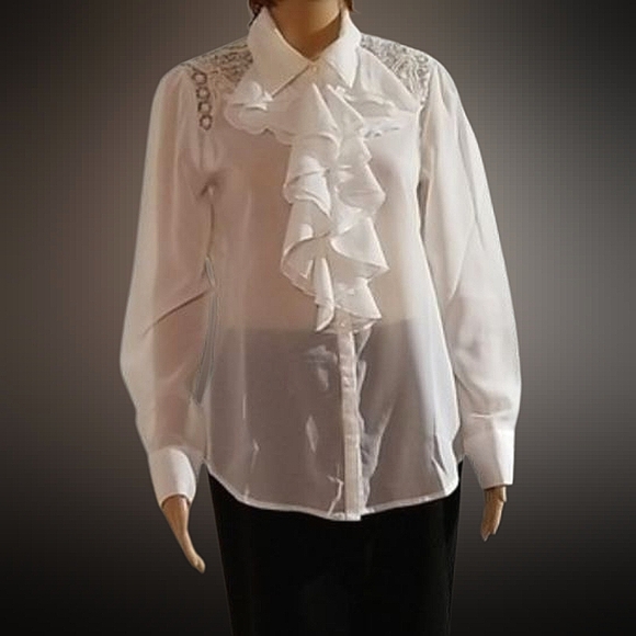 Vintage Victorian Bib Ruffle Beaded Poet Blouse Top Shirt / Sz 6 / Off-white - Picture 4 of 15